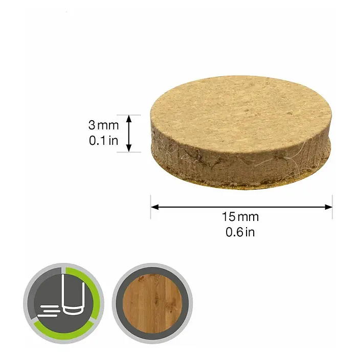 Wagner System Möbelgleiter SYNO® - Durchmesser: 15 mm, Kleben, 16 Stk. - Nahaufnahme eines runden Korkgleiters mit den Maßen 3 mm Höhe und 15 mm Durchmesser, ideal zum Schutz von Möbeln.