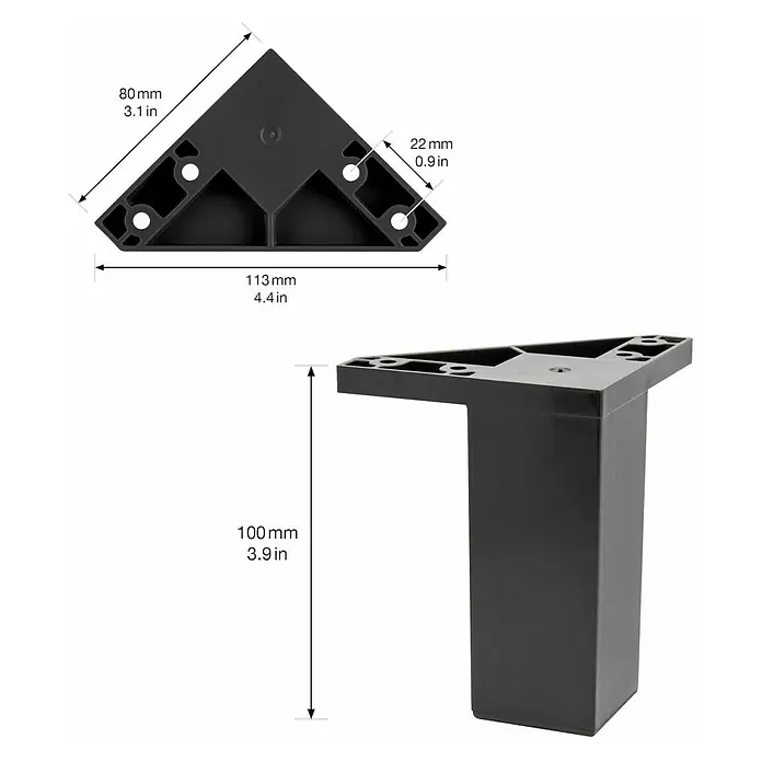 Wagner System Möbelfuß - Kunststoff, Höhe: 10,2 cm - Abbildung eines schwarzen Möbelfußes mit den Maßen 80 mm x 113 mm an der Basis und einer Höhe von 100 mm.