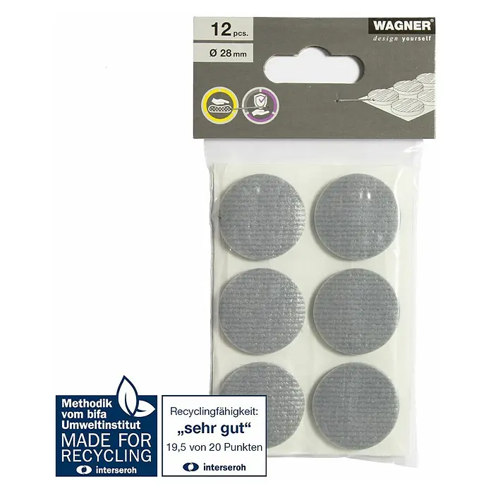 Wagner System Möbelgleiter - Durchmesser: 28 mm, Rund - Packung Wagner Möbelgleiter, 12 Stück, Ø 28 mm, recycelbar, für den Schutz von Möbeln und Böden.