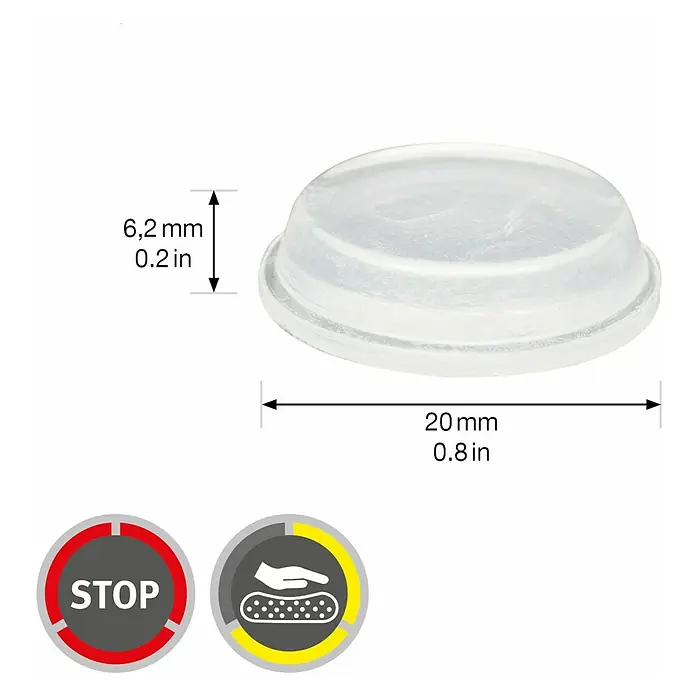 Wagner System Plastik-Gleiter - Transparent, Ø x H: 20 x 6,2 mm, 16 Stk. - Ein transparentes, rundes Möbelpad mit den Maßen 20 mm Durchmesser und 6,2 mm Höhe, zur Dämpfung und zum Schutz von Oberflächen.