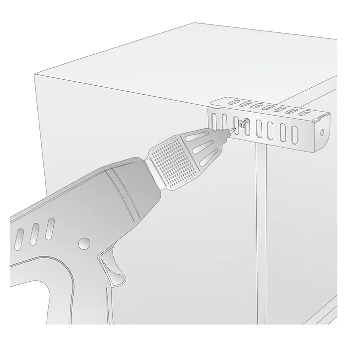 Wagner System Möbelfuß - Höhe: 12 cm, Stahl, Silber - Eine Illustration eines Akkuschraubers, der eine Schraube in eine Halterung an einem Möbelstück befestigt.