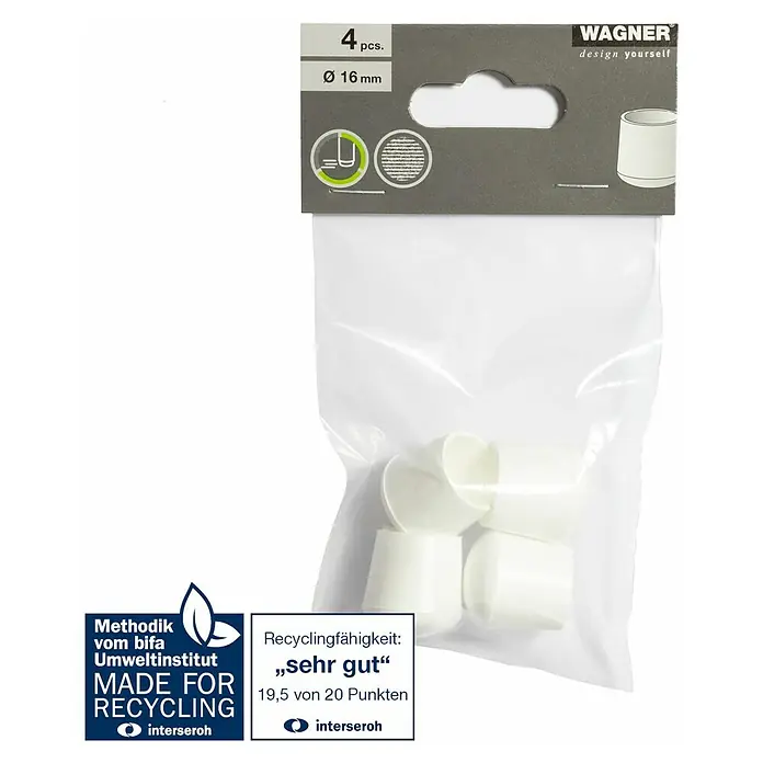 Wagner System Plastik-Gleiter - Weiß, Gesamtstückzahl: 4 Stk., Lochdurchmesser 1: 16 mm - Eine Packung mit vier Wagner Möbelgleitern mit einem Durchmesser von 16 mm, verpackt in einer transparenten Plastiktüte.