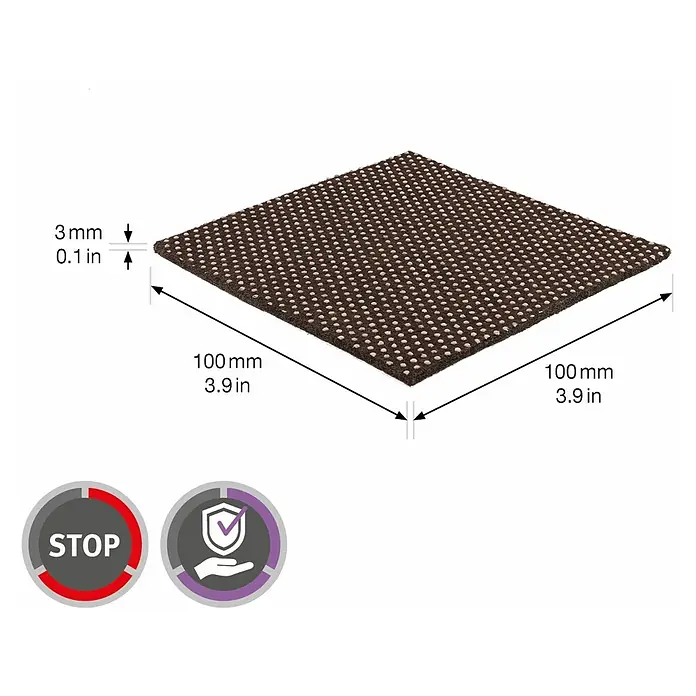 Wagner System Antirutschmatte - 100 x 100 mm, Filz, Braun, Beige - Abbildung einer quadratischen, rutschfesten Pad-Matte mit den Maßen 100 x 100 mm und einer Dicke von 3 mm.