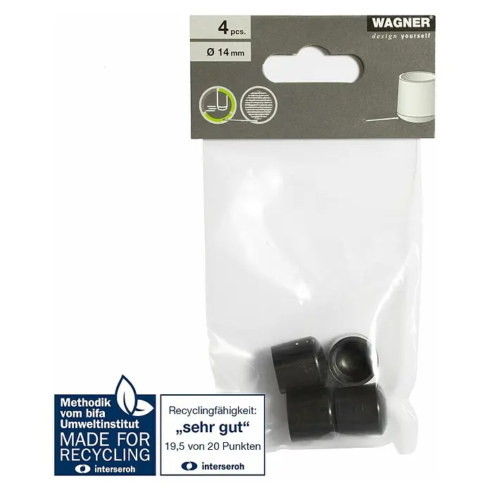 Wagner System Plastik-Gleiter - Schwarz, Gesamtstückzahl: 4 Stk., Lochdurchmesser 1: 14 mm - Packung mit 4 schwarzen Wagner Stuhlbeinkappen mit einem Durchmesser von 14 mm.