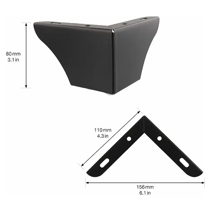 Wagner System Möbelfuß - L x B x H: 110 x 110 x 76 mm, Stahl, Schwarz - Produktabbildung: Möbelbein aus Metall mit den Maßen 80 mm Höhe und eine Metallwinkelhalterung von 110 x 156 mm.