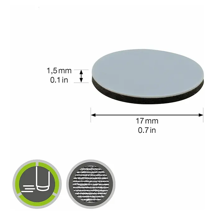 Wagner System Möbelgleiter - Durchmesser: 17 mm, Kleben, 16 Stk., Kunststoff - Abbildung eines runden Möbelgleiters mit den Maßen 17 mm Durchmesser und 1,5 mm Dicke. Ideal zum Schutz von Böden vor Kratzern.