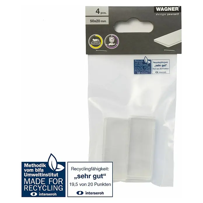 Wagner System Plastik-Gleiter - L x B x H: 50 x 20 x 6,4 mm, Transparent, 4 Stk. - Produktbild von Wagner Möbelgleiter, 4 Stück, 50x20 mm. Die Gleiter sind in einer recycelbaren Verpackung verpackt.