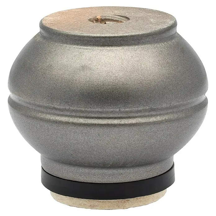 Wagner System Möbelfuß - Ø x H: 75 x 55 mm, Holz - Nahaufnahme eines Möbelbeins aus Metall mit Holzsockel und schwarzem Ring, ideal für stilvolle Möbeldesigns.
