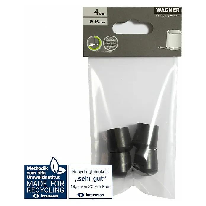 Wagner System Plastik-Gleiter - Schwarz, Gesamtstückzahl: 4 Stk., Lochdurchmesser 1: 16 mm - Das Wagner-Produkt enthält 4 Stück schwarze Möbelgleiter mit einem Durchmesser von 16 mm, die in einer transparenten Verpackung präsentiert werden.
