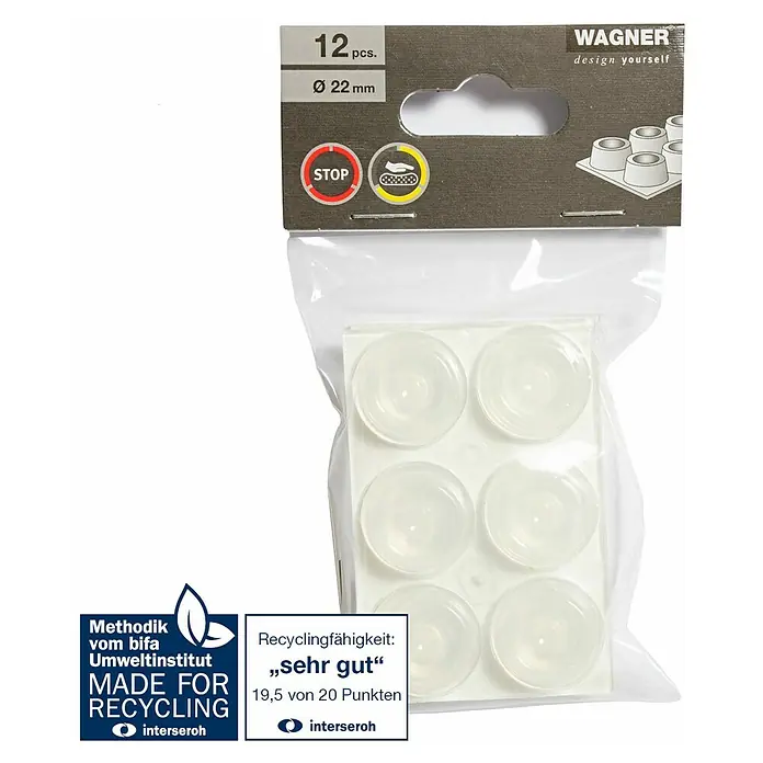 Wagner System Möbelgleiter - Durchmesser: 22 mm - Nahaufnahme einer Packung mit 12 transparenten, selbstklebenden Möbelgleitern von Wagner, Durchmesser 22 mm.