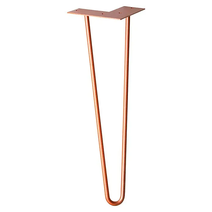 Wagner System Möbelfuß Hairpinlegs - Stahl, Höhe: 40 cm, Rosé Gold - Ein einzelnes, rosafarbenes, glänzendes Haarnadel-Tischbein mit einer flachen, eckigen Oberseite für die Befestigung.