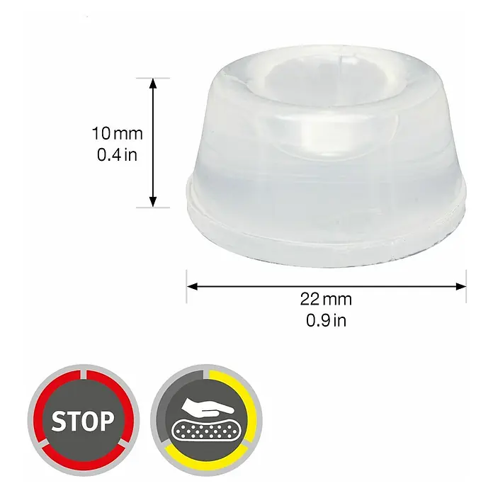 Wagner System Möbelgleiter - Durchmesser: 22 mm - Durchsichtiger Türstopper mit Maßen, ideal zum Schutz von Wänden und Möbeln. Die Abmessungen sind 22 mm breit und 10 mm hoch.