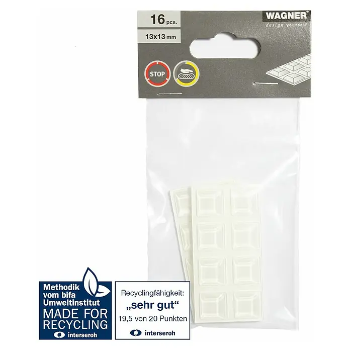 Wagner System Plastik-Gleiter - Transparent, L x B x H: 12,7 x 12,7 x 3 mm - Bild von Wagner Möbelgleiter Pads, 16 Stück, 13x13 mm, zum Schutz von Möbeln und Böden, recyclingfähig und mit "sehr gut" bewertet.