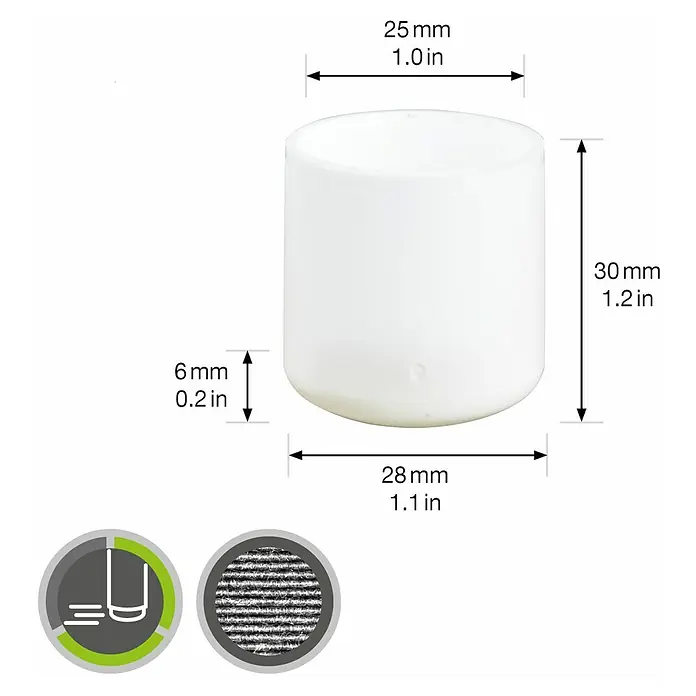 Wagner System Plastik-Gleiter - Weiß, Gesamtstückzahl: 4 Stk., Lochdurchmesser 1: 25 mm - Produktbild mit den Abmessungen eines weißen Zylinders: 25 mm Durchmesser oben, 28 mm Durchmesser unten und 30 mm Höhe.