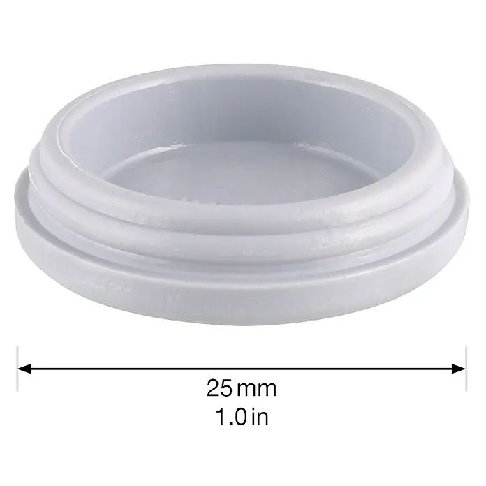 Wagner System Möbelgleiter-Set Quickclick Super - Durchmesser: 25 mm, 8 Stk. - Nahaufnahme eines weißen Kunststoffdeckels mit einer Größenangabe von 25 mm (1,0 Zoll).