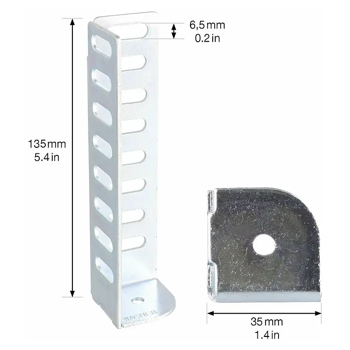 Wagner System Möbelfuß - Höhe: 12 cm, Stahl, Silber - Produktbild einer verzinkten Winkelschiene mit Maßangaben. Die Schiene hat eine Länge von 135mm und eine Materialstärke von 6,5mm.