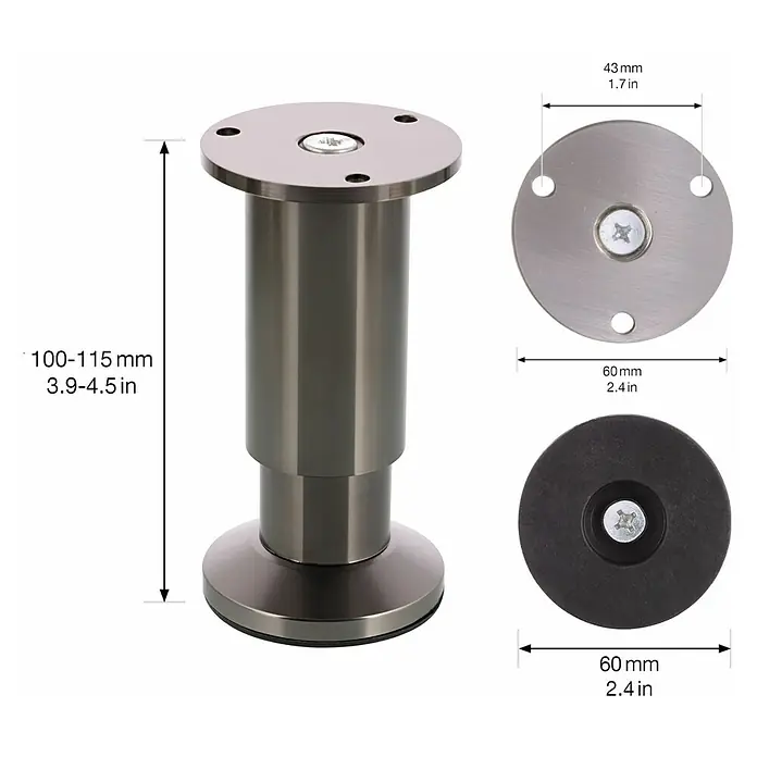 Wagner System Möbelfuß - L x B x H: 60 x 60 x 115 mm, Ø x H: 3 cm x 115 mm, Aluminium, Höhenverstellung: 10 cm - 11,5 cm - Produktansicht eines Möbelfußes aus gebürstetem Nickel mit Größenangaben, der sich ideal für Möbelprojekte oder als Ersatz eignet.