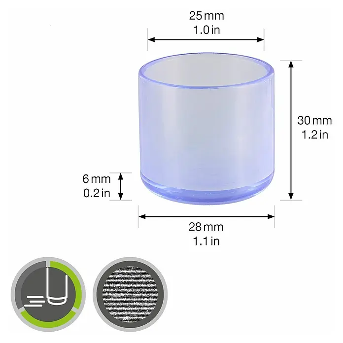 Wagner System Rohrkappen - Durchmesser: 25 mm, 4 Stk., Transparent - Nahaufnahme eines transparenten Möbelschutzes mit Größenangaben, ideal um Böden vor Kratzern zu schützen.