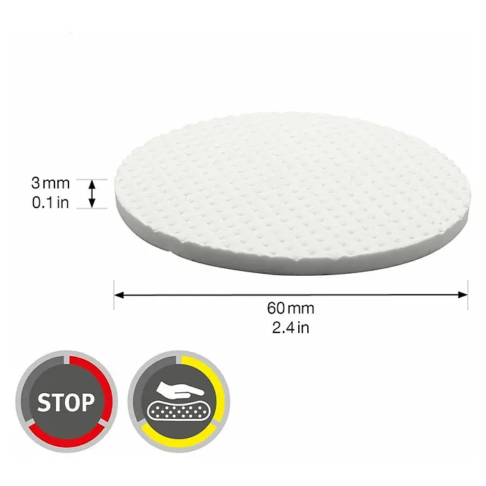 Wagner System Softpads - Ø x H: 60 x 3 mm, 4 Stk., Weiß, Kleben - Produktdarstellung: Ein runder, weißer Stopper mit den Maßen 60 mm Durchmesser und 3 mm Dicke.