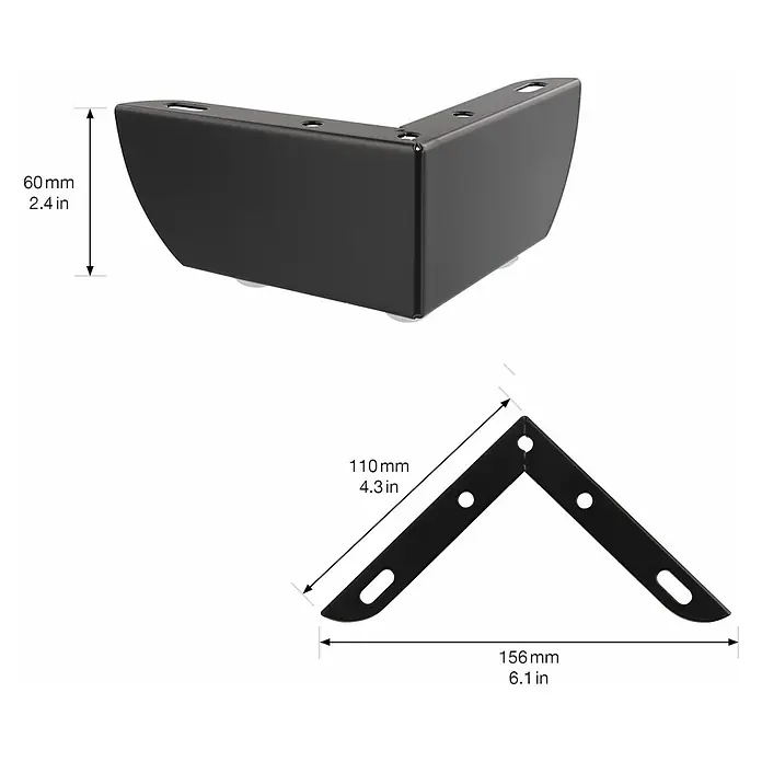 Wagner System Möbelfuß - L x B x H: 110 x 110 x 56 mm, Stahl, Schwarz - Abbildung eines schwarzen Metall-Tischbeins mit den dazugehörigen Maßen für die Montage.