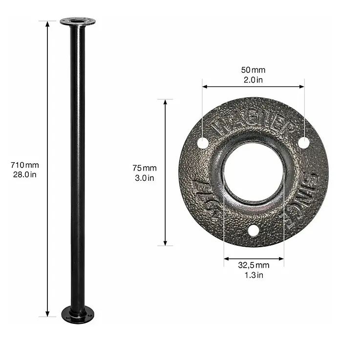 Wagner System Möbelfuß Industrial Pipe - Stahl, Höhe: 71 cm - Eine schwarze, industrielle Tischbein-Konstruktion mit detaillierten Maßangaben für Heimwerker und Profis.