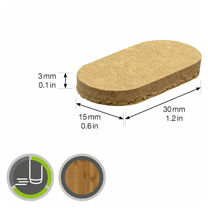 Wagner System Möbelgleiter - L x B x H: 30 x 15 x 3 mm, Kleben, 8 Stk. - Produktbild eines rechteckigen Korkfußes mit abgerundeten Ecken und den Maßen 30x15x3 mm zur Veranschaulichung der Größe.