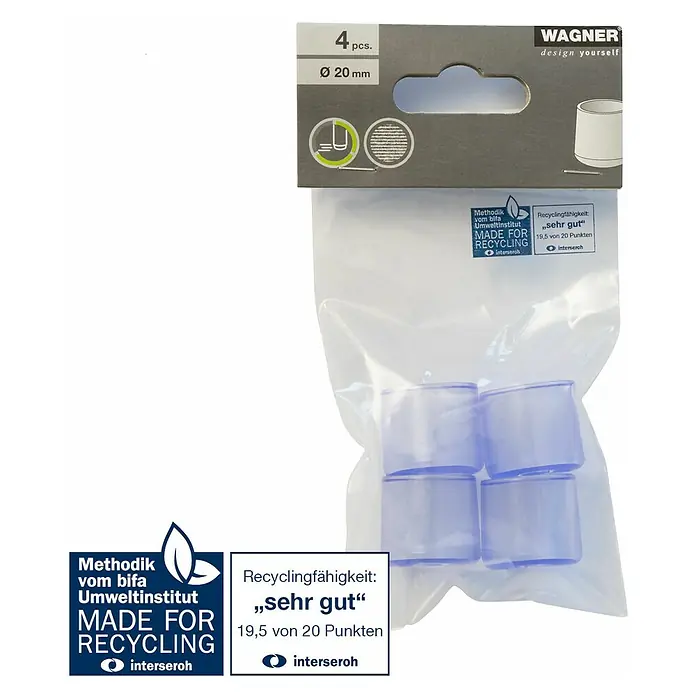 Wagner System Rohrkappen - Durchmesser: 20 mm, 4 Stk., Transparent - Eine Packung mit vier transparent-blauen Möbelgleitern von Wagner, Durchmesser 20 mm, verpackt in einer recycelbaren Plastiktüte.