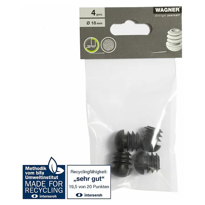 Wagner System Möbelgleiter - Durchmesser: 18 mm, 4 Stk., Kunststoff - Bild einer Verpackung mit vier Möbelgleitern von Wagner, Durchmesser 18mm, zur einfachen Selbstmontage, recyclingfähig und umweltfreundlich.