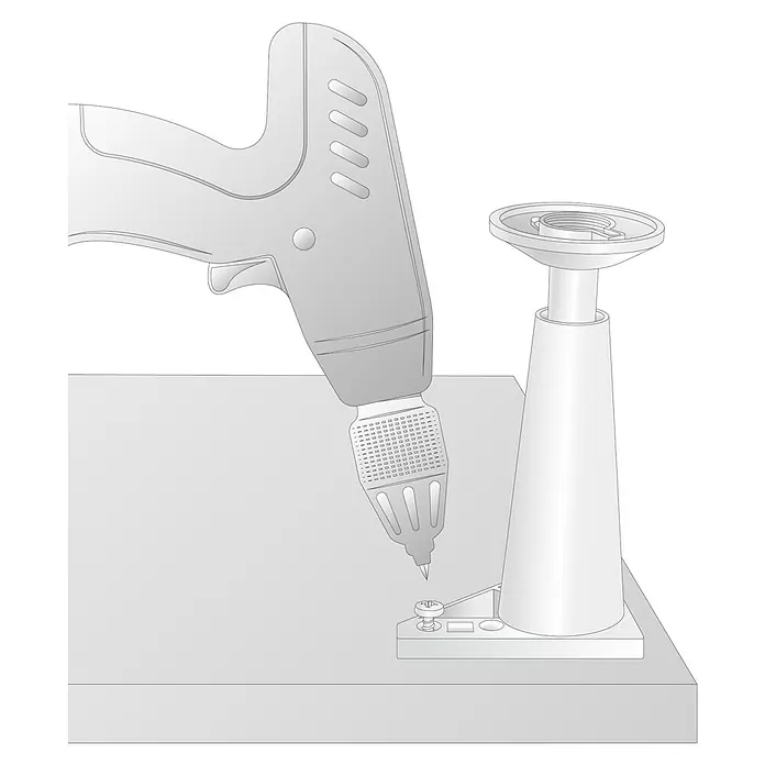 Wagner System Möbelfuß - Kunststoff, Höhe: 10,2 cm - Illustration einer Handbohrmaschine, die eine Schraube festzieht, neben einer Tischhalterung.