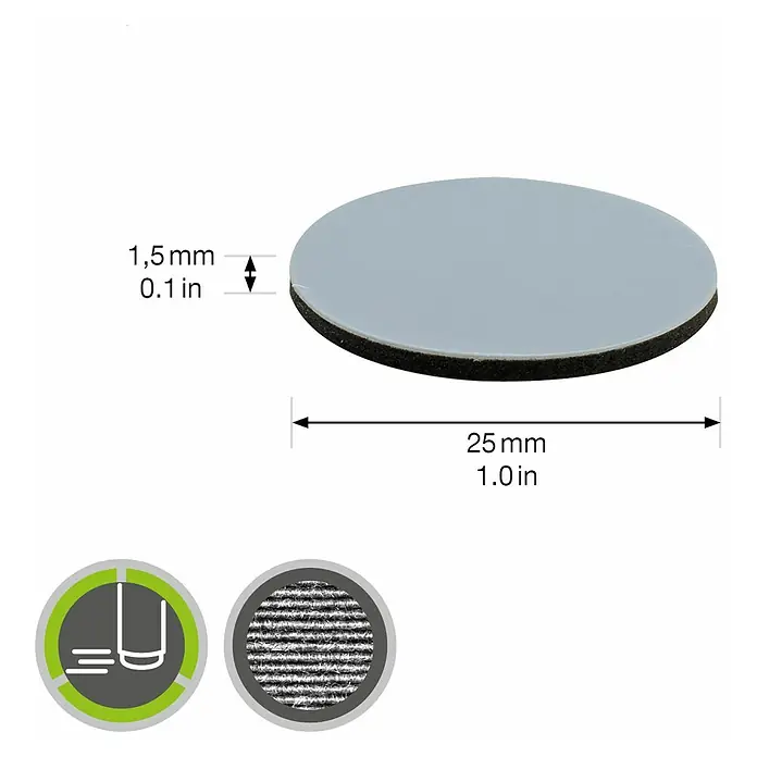 Wagner System Möbelgleiter - Durchmesser: 25 mm, Kleben, 12 Stk., Kunststoff - Produktabbildung mit den Maßen eines runden Filzgleiters: 25 mm Durchmesser und 1,5 mm Dicke für Möbel.