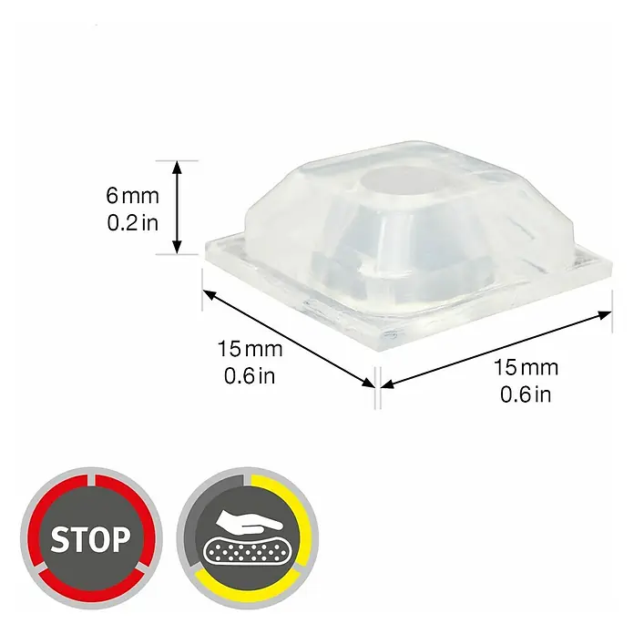 Wagner System Plastik-Gleiter - 15 x 15 mm, Transparent, 8 Stk. - Produktbild eines durchsichtigen, quadratischen Möbelschutzes mit den Maßen 15 mm x 15 mm und einer Höhe von 6 mm.