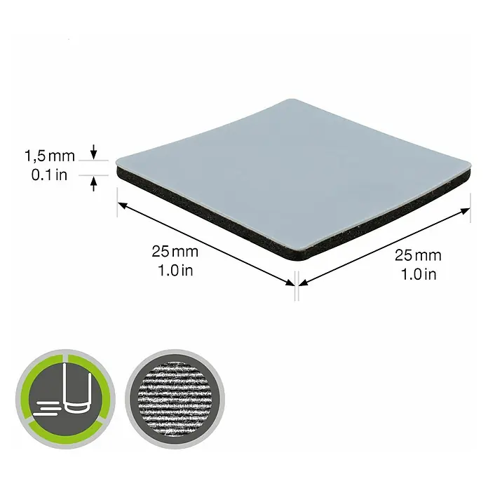 Wagner System Möbelgleiter - L x B x H: 25 x 25 x 1,5 mm, Kleben, 12 Stk. - Produktabbildung: Quadratischer Pad mit den Maßen 25 mm x 25 mm und einer Dicke von 1,5 mm, ideal als Unterlage oder Abstandshalter.