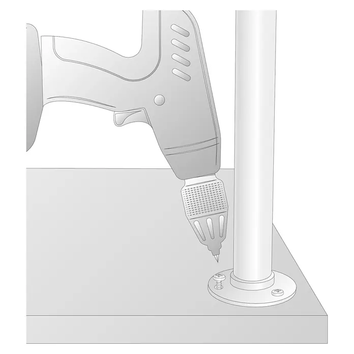 Wagner System Möbelfuß - Ø x H: 3,25 x 12 cm, Stahl - Darstellung eines Akkuschraubers, der eine Schraube in eine Befestigung am Boden einschraubt.