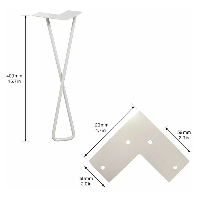 Wagner System Möbelfuß Hairpin Twist - Höhe: 400 mm, Stahl, Hellgrau - Detailaufnahme eines weißen Tischbeins mit Maßen. Ideal für DIY-Möbelprojekte.