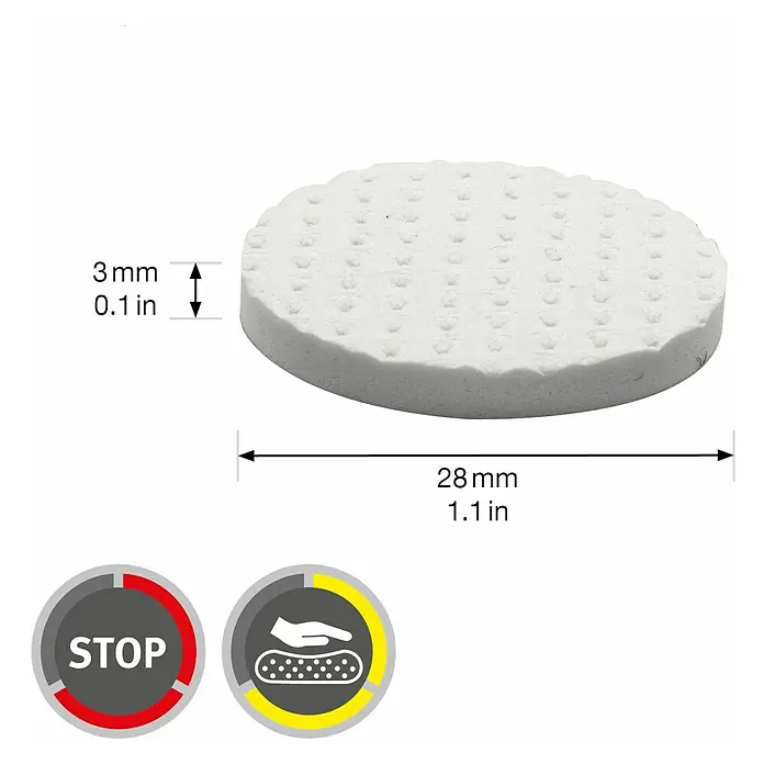 Wagner System Softpads - Ø x H: 28 x 3 mm, 12 Stk., Weiß, Kleben - Produktabbildung: Ein runder, weißer Stopper mit den Maßen 28 mm Durchmesser und 3 mm Dicke zur Dämpfung und zum Schutz von Oberflächen.