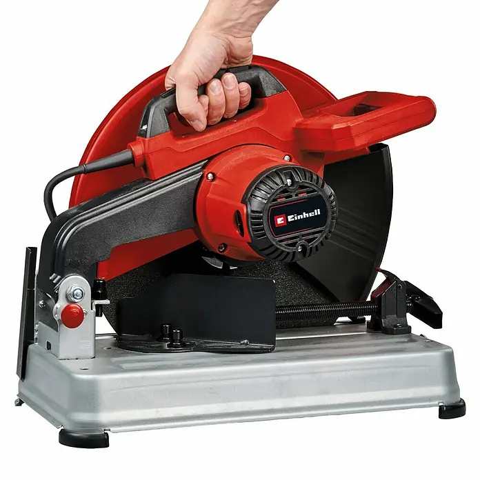 Einhell Tronzadora TC-MC 355/1 - 2.200 W, Diámetro disco: 355 mm, 4.200 r.p.m. - Una tronzadora de metal Einhell con cuerpo rojo y hoja negra sostenida por una mano.