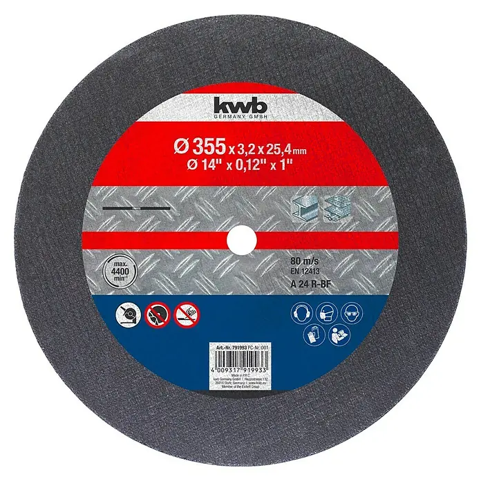 KWB Disco de corte - Orificio: 25,4 mm - Imagen de un disco de corte kwb, dimensiones Ø 355 x 3,2 x 25,4 mm, apto para trabajos en metal con una velocidad máxima de 4400 rpm.