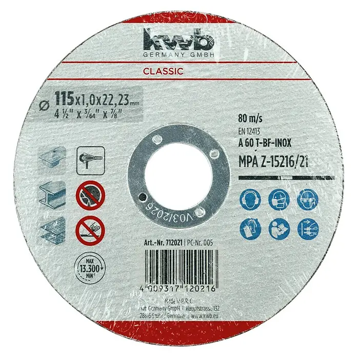 KWB Disco de corte - Ø x Es: 115 x 2,5 mm, Orificio: 22,23 mm - Imagen de un disco de corte KWB Classic, 115x1,0x22,23 mm, para trabajos en metal.