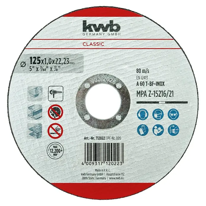 KWB Disco de corte - Ø x Es: 125 x 2,5 mm, Orificio: 22,23 mm - Imagen de un disco de corte KWB Classic de 125x1,0x22,23 mm, diseñado para tareas de corte con una velocidad máxima de 12.200 rpm.
