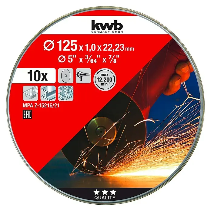 KWB Disco de corte - Ø x Es: 125 x 2,5 mm, Orificio: 22,23 mm - Imagen de un disco de corte KWB con dimensiones Ø125 x 1,0 x 22,23mm, adecuado para diversos materiales, con sello de calidad.