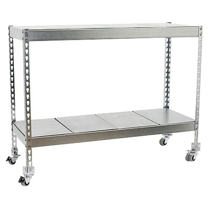 Simonrack Simontaller Metallregal Ecoforte Metall Mobil - H x B x T: 97,5 x 120 x 75 cm, Traglast pro Boden: 75 kg, Anzahl Böden: 2 Stk., Stecken, Silber, Rollen - Bild eines grauen, zweistufigen Servierwagens mit Rollen. Ideal für den Transport von Gegenständen. Robuste Konstruktion.