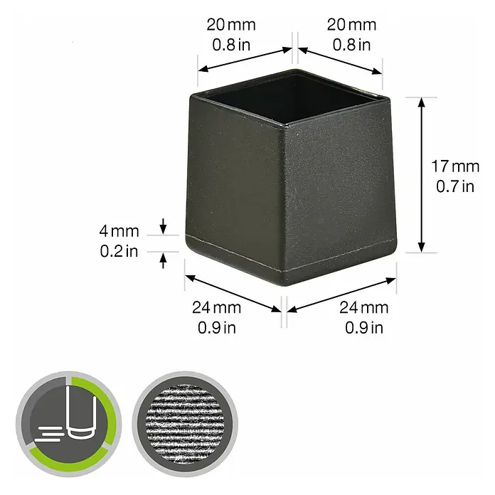 Wagner System Rohrkappen - 20 x 20 mm, 4 Stk., Schwarz - Abmessungen eines schwarzen, quadratischen Möbelbeinschoners mit den Maßen 20 mm x 24 mm und einer Höhe von 17 mm, mit Filzgleiter.