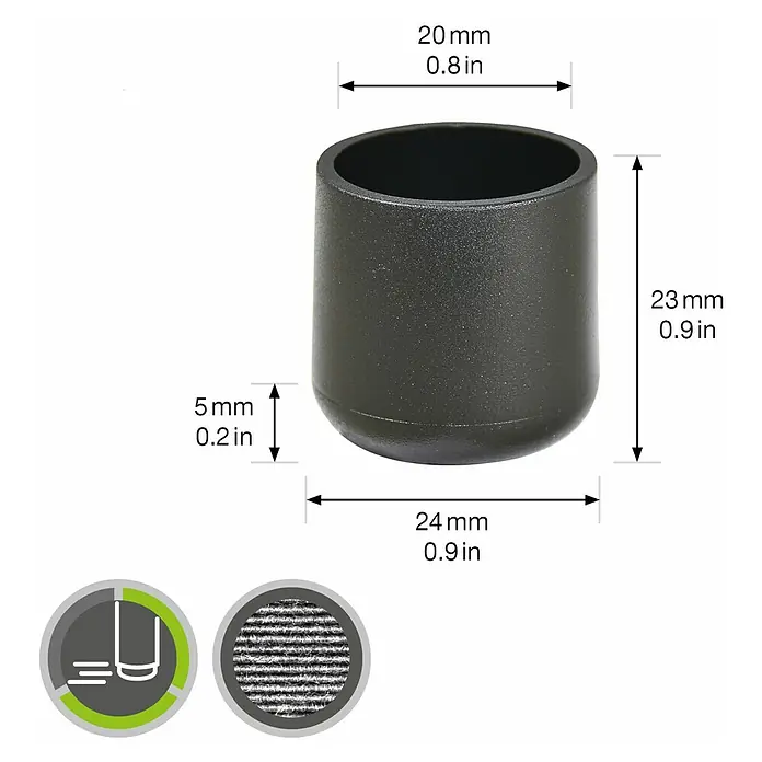Wagner System Rohrkappen - Durchmesser: 20 mm, 4 Stk., Schwarz - Detailaufnahme eines Stuhlbein-Schutzes mit Größenangaben.