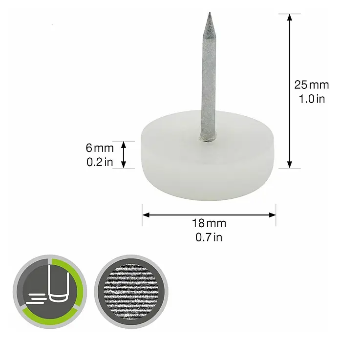 Wagner System Möbelgleiter - Kunststoff, Durchmesser: 18 mm, 4 Stk. - Abbildung eines Möbelgleiters mit Nagel und Größenangaben.