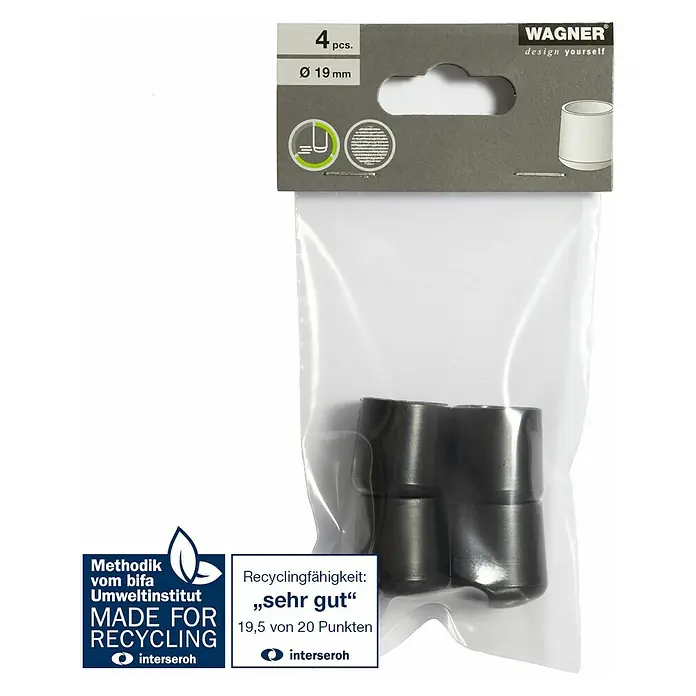Wagner System Rohrkappen - Durchmesser: 19 mm, 4 Stk., Schwarz - Wagner Stuhlbeinschoner-Set mit 4 Stück, Durchmesser 19 mm, für Möbelbeine, recyclingfähig und umweltfreundlich.