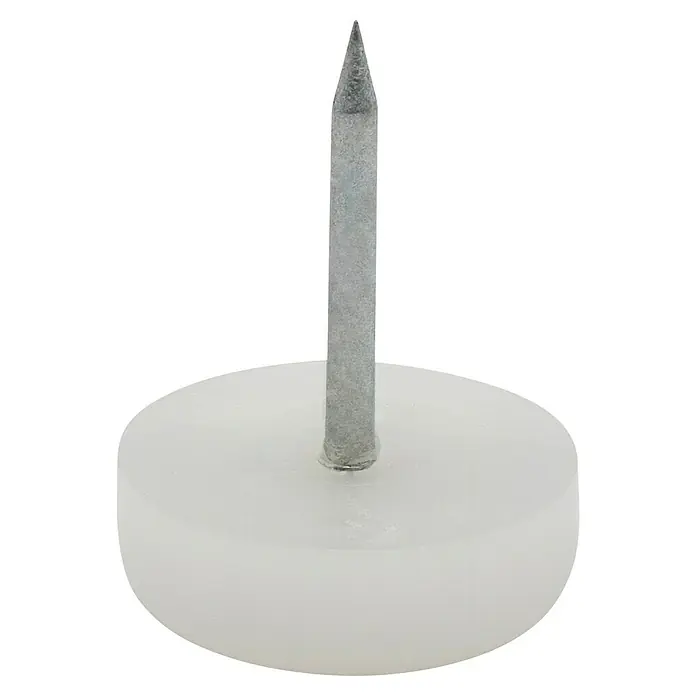 Wagner System Möbelgleiter - Kunststoff, Durchmesser: 20 mm, 4 Stk. - Nahaufnahme eines weißen Möbelgleiters mit einem eingelassenen Metallstift, ideal zum Schutz von Böden vor Kratzern durch Möbel.