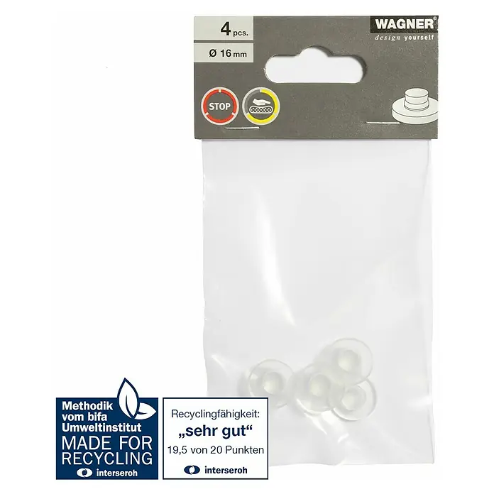 Wagner System Plastik-Gleiter - Ø x H: 16 x 8 mm, 4 Stk., Transparent - Abbildung einer Packung mit vier transparenten Wagner-Gleitern mit einem Durchmesser von 16 mm für Möbel.