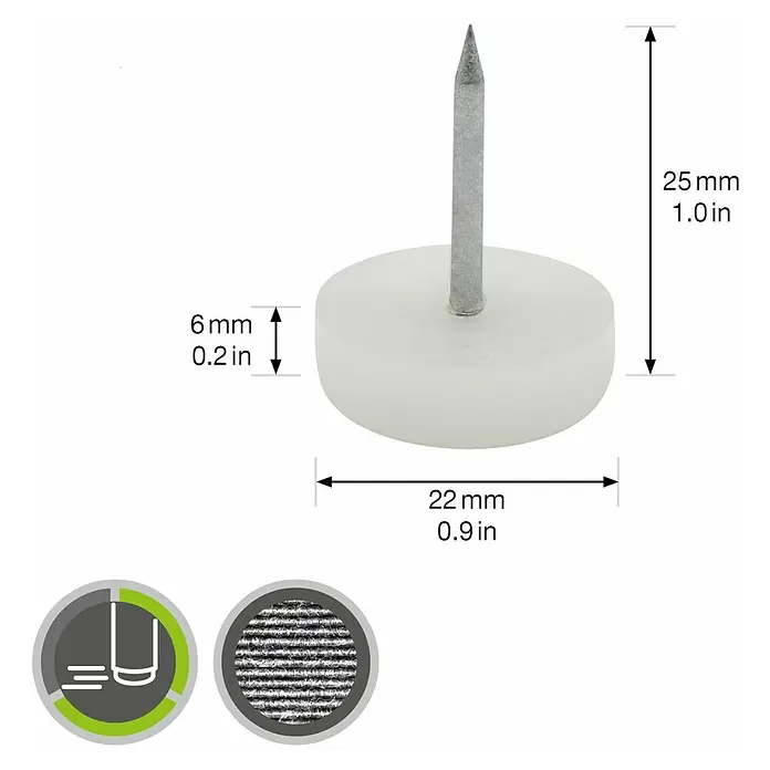 Wagner System Möbelgleiter - Kunststoff, Durchmesser: 20 mm, 4 Stk. - Nahaufnahme eines Möbelschutzes mit Nagel und Größenangaben.
