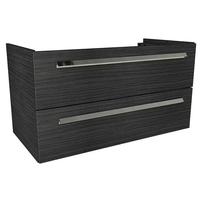 Lanzet K1 Badmöbel-Set K19D2 - 89,2 cm, Dark Oak - Hier ist ein moderner Waschbeckenunterschrank in Anthrazit mit zwei Schubladen und Griffen aus gebürstetem Stahl für das Badezimmer.