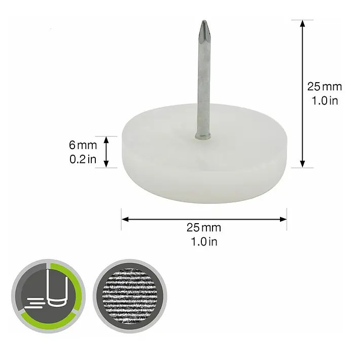Wagner System Möbelgleiter - Kunststoff, Durchmesser: 25 mm, 4 Stk. - Produktbild eines Gleiters mit Nagel, 25 mm Durchmesser und 6 mm Höhe, mit Maßangaben.